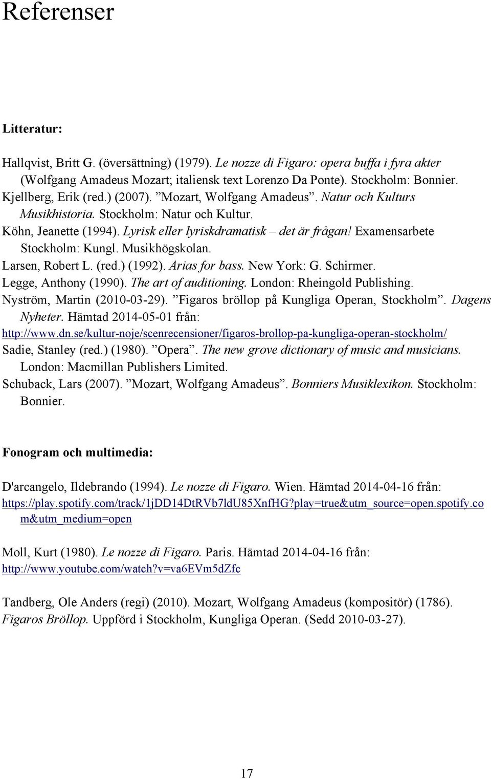Examensarbete Stockholm: Kungl. Musikhögskolan. Larsen, Robert L. (red.) (1992). Arias for bass. New York: G. Schirmer. Legge, Anthony (1990). The art of auditioning. London: Rheingold Publishing.