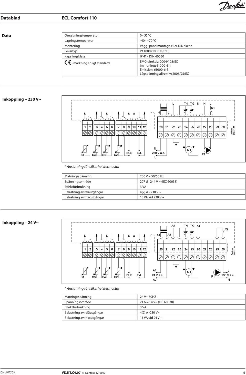 Spänningsområde 207 till 244 V ~ (IEC 60038) Effektförbrukning 3 VA Belastning av reläutgångar 4(2) A - 230 V ~ Belastning av triacutgångar 15 VA vid 230 V ~ Inkoppling 24 V~ * Anslutning för