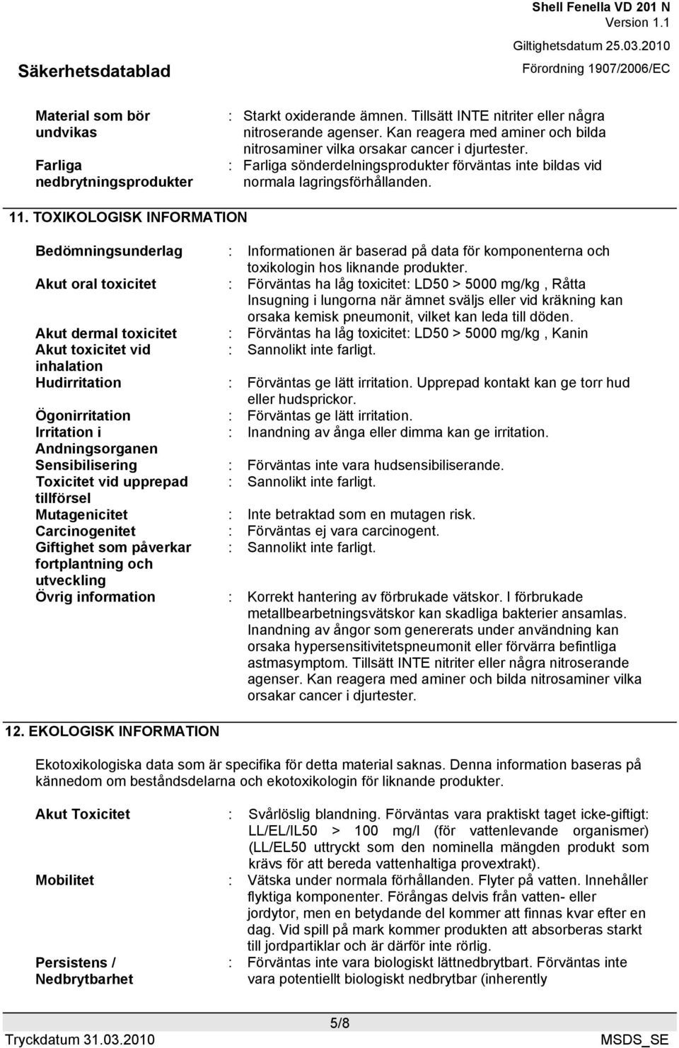 TOXIKOLOGISK INFORMATION Bedömningsunderlag : Informationen är baserad på data för komponenterna och toxikologin hos liknande produkter.