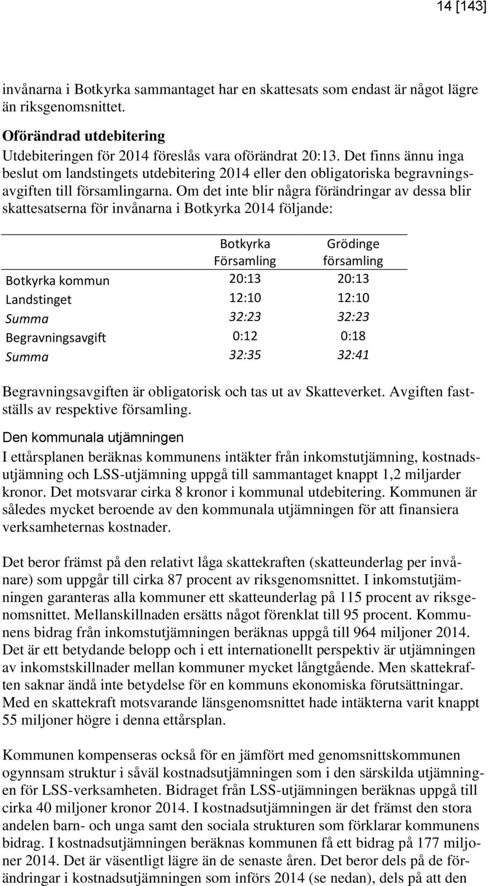 Om det inte blir några förändringar av dessa blir skattesatserna för invånarna i Botkyrka följande: Botkyrka Församling Grödinge församling Botkyrka kommun 20:13 20:13 Landstinget 12:10 12:10 Summa