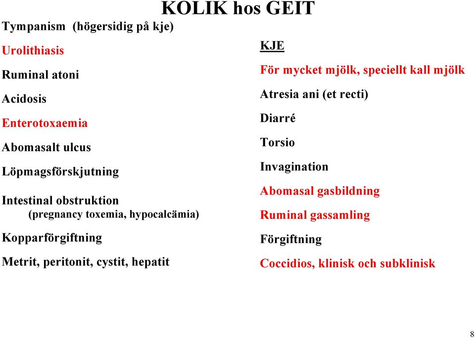 speciellt kall mjölk Atresia ani (et recti) Diarré Torsio Invagination Abomasal gasbildning Ruminal