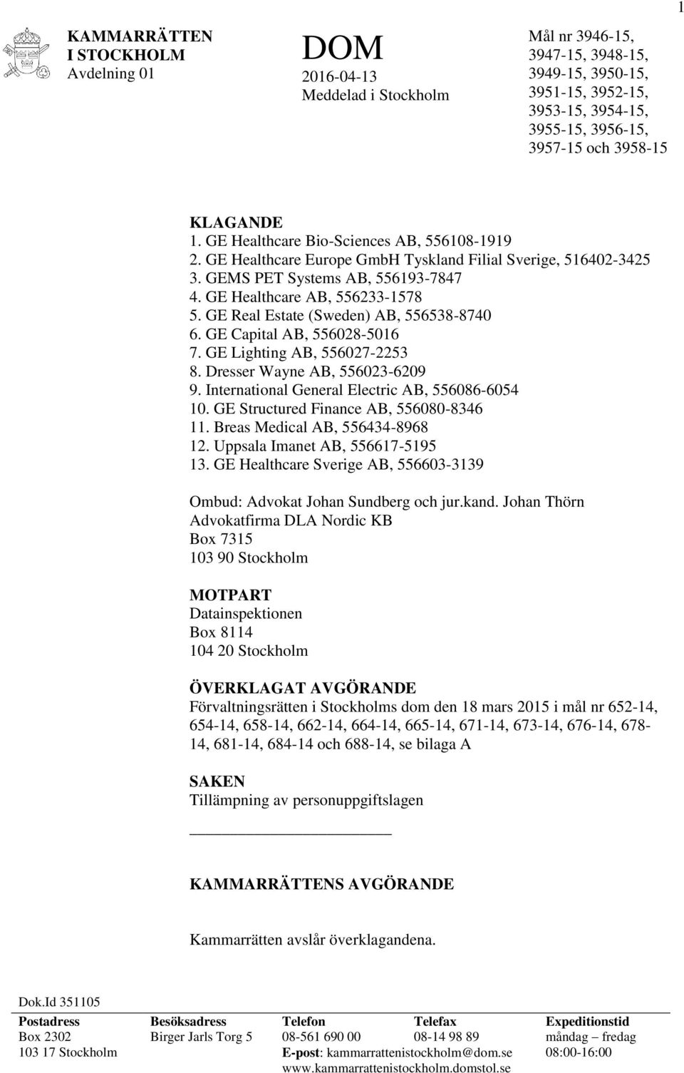 GE Real Estate (Sweden) AB, 556538-8740 6. GE Capital AB, 556028-5016 7. GE Lighting AB, 556027-2253 8. Dresser Wayne AB, 556023-6209 9. International General Electric AB, 556086-6054 10.