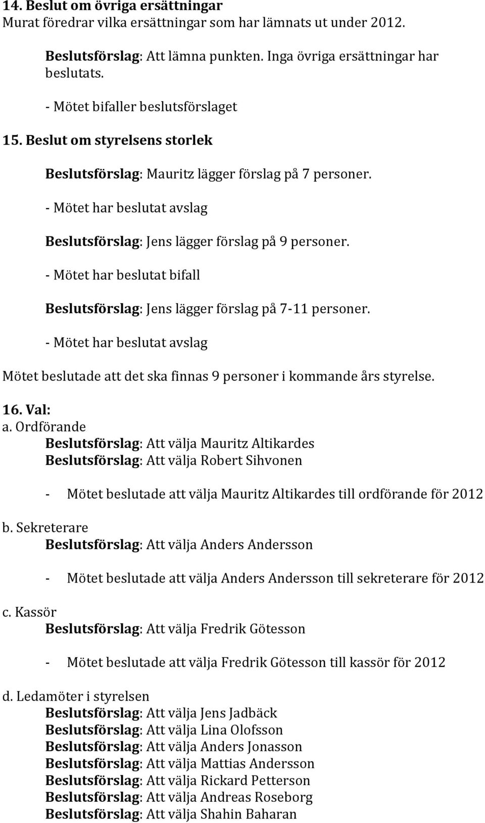 - Mötet har beslutat bifall Beslutsförslag: Jens lägger förslag på 7-11 personer. - Mötet har beslutat avslag Mötet beslutade att det ska finnas 9 personer i kommande års styrelse. 16. Val: a.