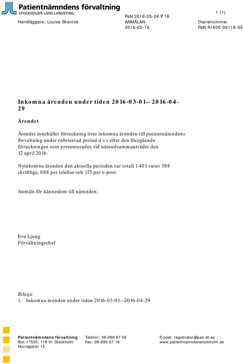 Nyinkomna ärenden den aktuella perioden var totalt 1 401 varav 388 skriftliga, 888 per telefon och 125 per e-post. Anmäls för kännedom till nämnden. Eva Ljung Förvaltningschef Bilaga 1.