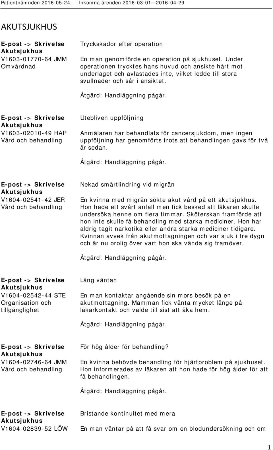 -> V1603-02010-49 HAP Utebliven uppföljning Anmälaren har behandlats för cancersjukdom, men ingen uppföljning har genomförts trots att behandlingen gavs för två år sedan.