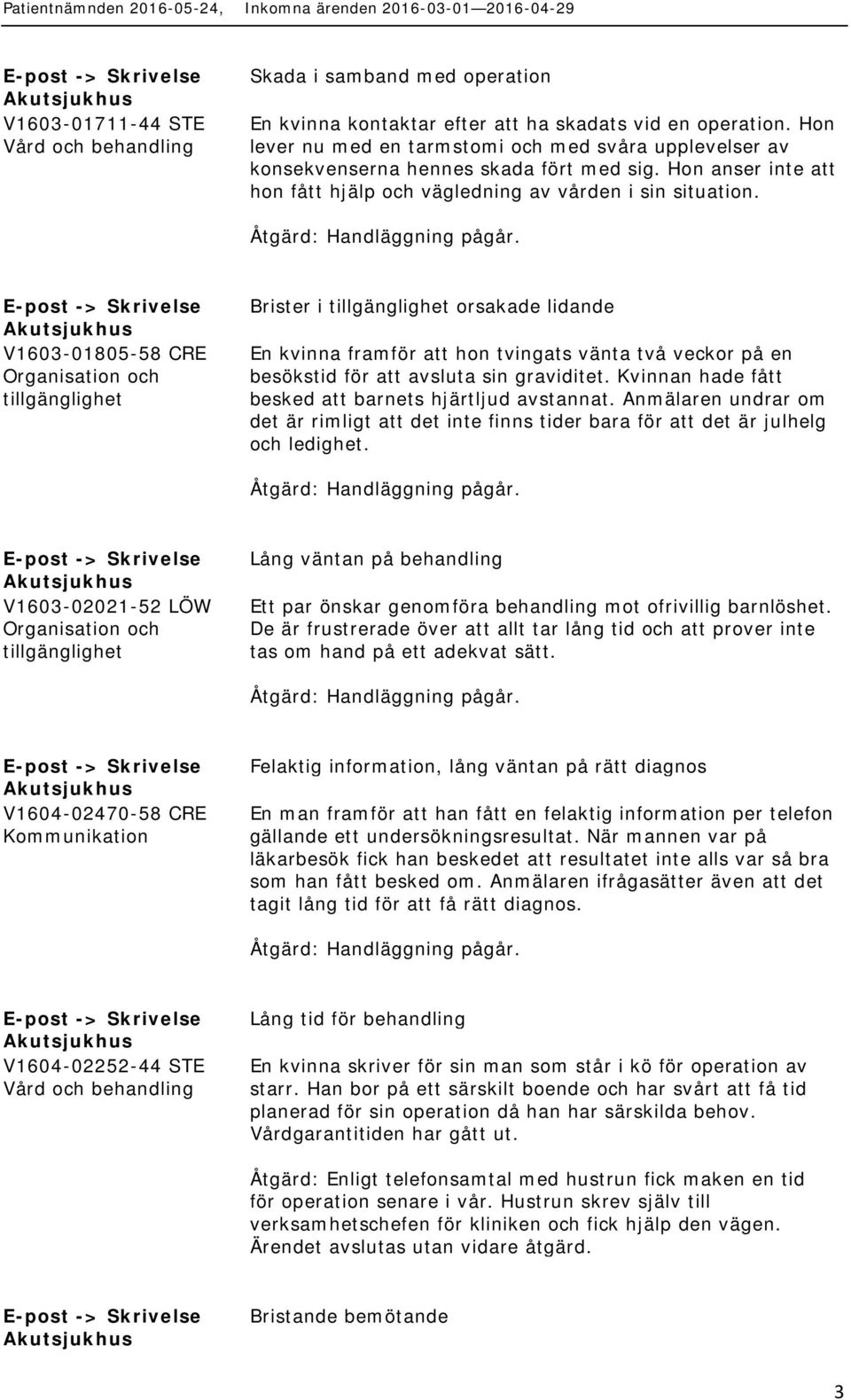 -> V1603-01805-58 CRE Organisation och tillgänglighet Brister i tillgänglighet orsakade lidande En kvinna framför att hon tvingats vänta två veckor på en besökstid för att avsluta sin graviditet.