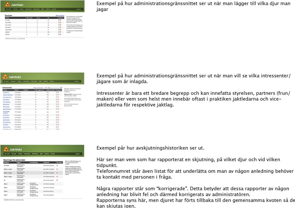 Exempel pår hur avskjutningshistoriken ser ut. Här ser man vem som har rapporterat en skjutning, på vilket djur och vid vilken tidpunkt.