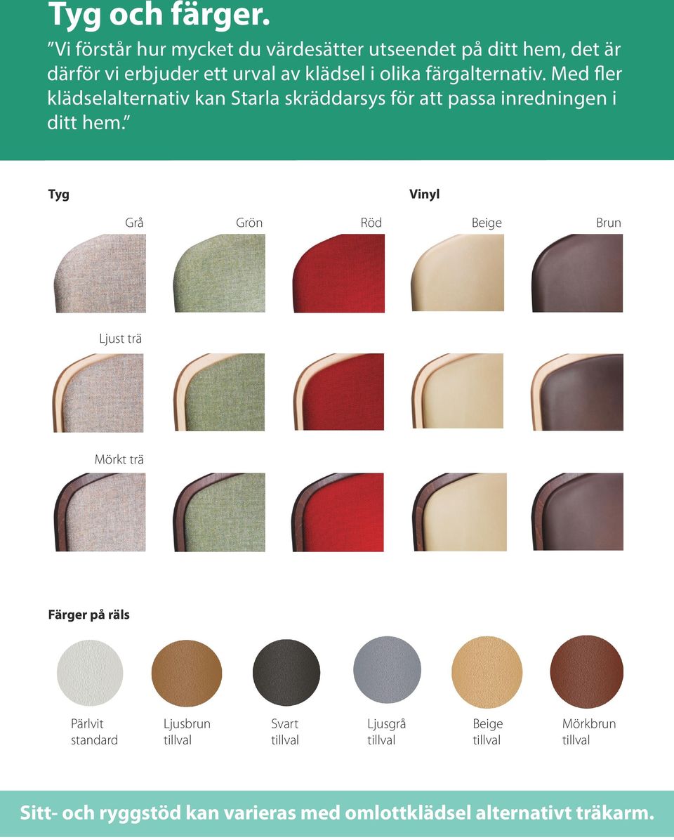 färgalternativ. Med fler klädselalternativ kan Starla skräddarsys för att passa inredningen i ditt hem.