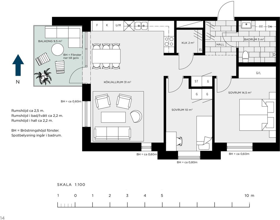 Rumshöjd i hall ca, m. SOVRUM 0 m BH = Bröstningshöjd fönster.