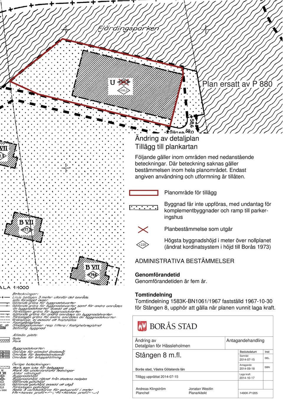 Planområde för tillägg Byggnad får inte uppföras, med undantag för komplementbyggnader och ramp till parkeringshus Planbestämmelse som utgår +220 Högsta byggnadshöjd i meter över nollplanet (ändrat