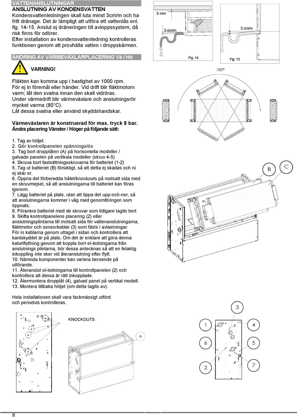 5 mm 3 cm/m 3 cm/m ÄNDRING AV VÄRMEVÄXLARPLACERING Vä / Hö VARNING! Fläkten kan komma upp i hastighet av 1000 rpm. För ej in föremål eller händer.