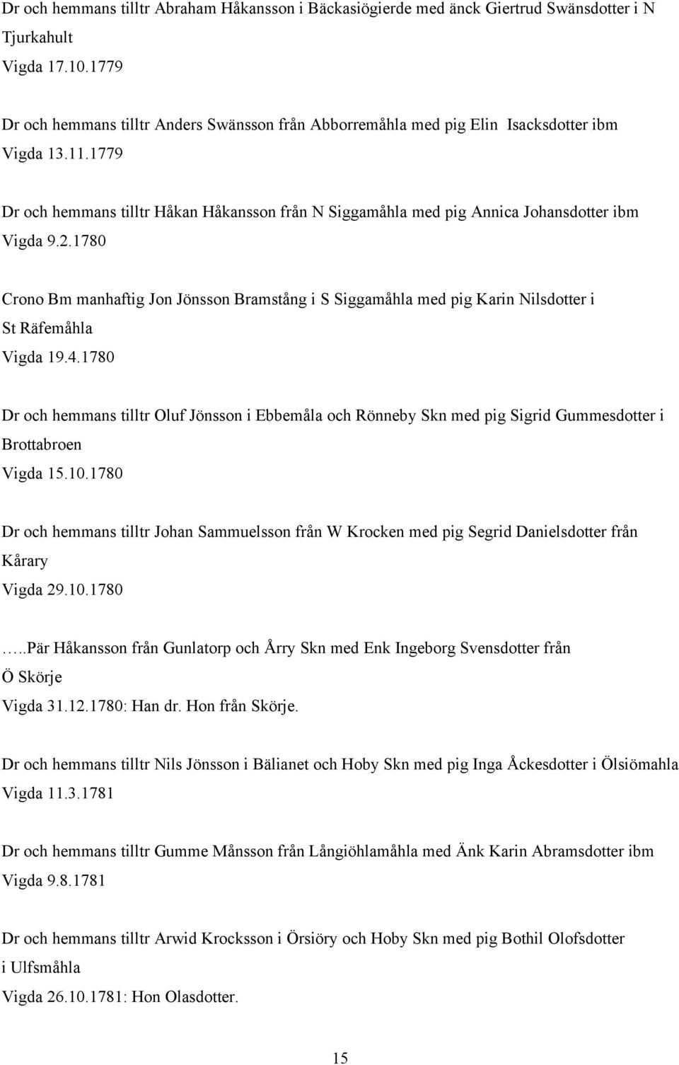 1779 Dr och hemmans tilltr Håkan Håkansson från N Siggamåhla med pig Annica Johansdotter ibm Vigda 9.2.