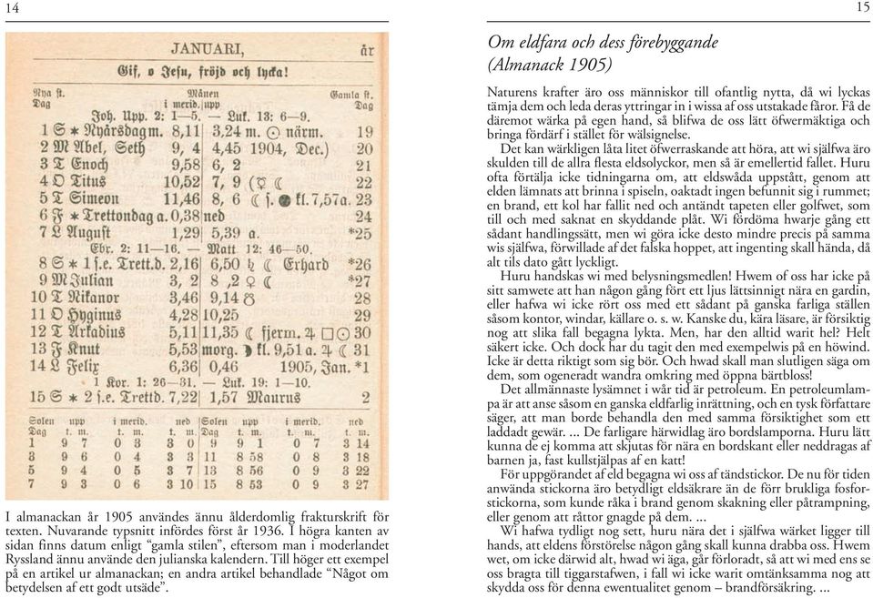 Till höger ett exempel på en artikel ur almanackan; en andra artikel behandlade Något om betydelsen af ett godt utsäde.