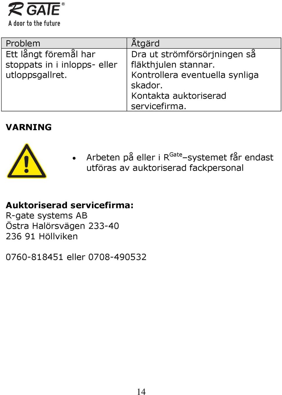 Kontakta auktoriserad servicefirma.