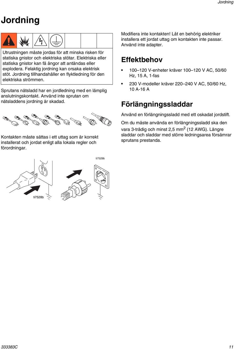 Felaktig jordning kan orsaka elektrisk stöt. Jordning tillhandahåller en flyktledning för den elektriska strömmen. Sprutans nätsladd har en jordledning med en lämplig anslutningskontakt.