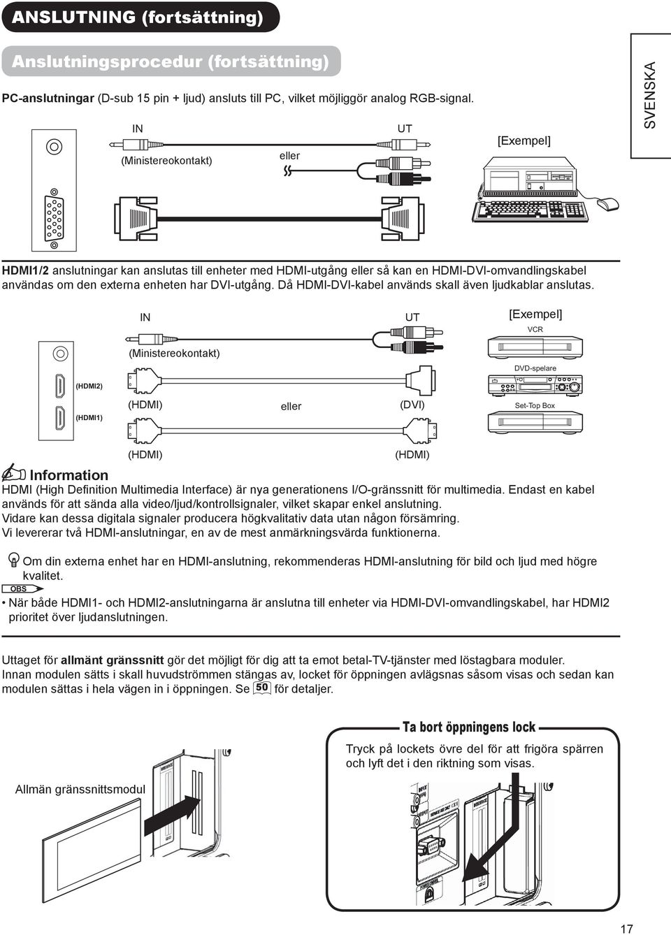 DVI-utgång. Då HDMI-DVI-kabel används skall även ljudkablar anslutas.