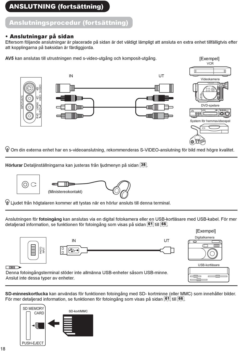 [Exempel] VCR IN UT Videokamera INPUT(AV5) R L/MONO AUDIO VIDEO S-VIDEO DVD-spelare System för hemmavideospel Om din externa enhet har en s-videoanslutning, rekommenderas S-VIDEO-anslutning för bild