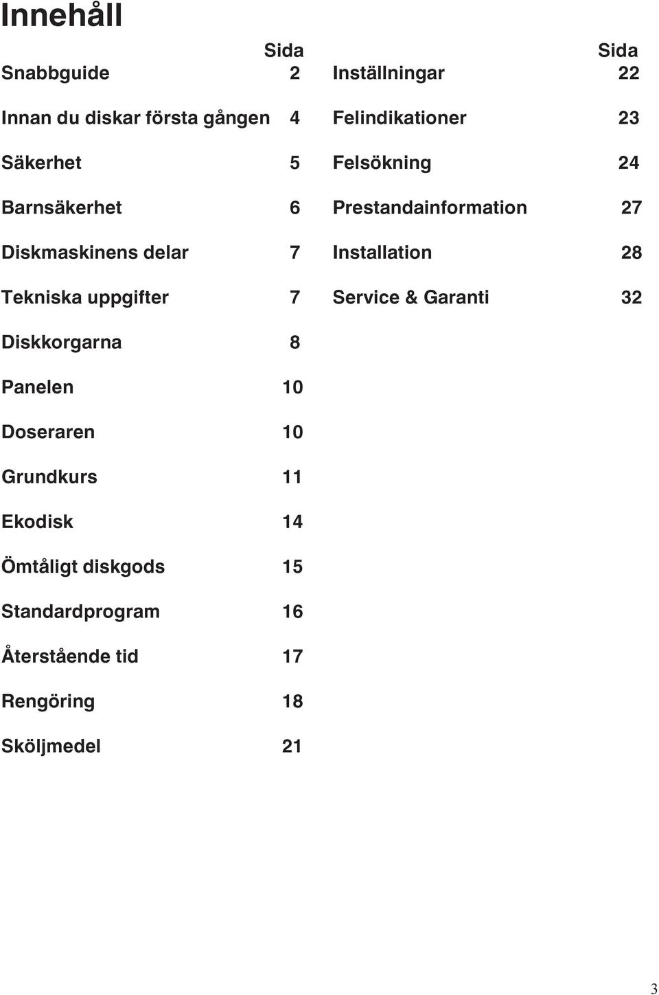 Prestandainformation 27 Installation 28 Service & Garanti 32 Diskkorgarna 8 Panelen 10 Doseraren