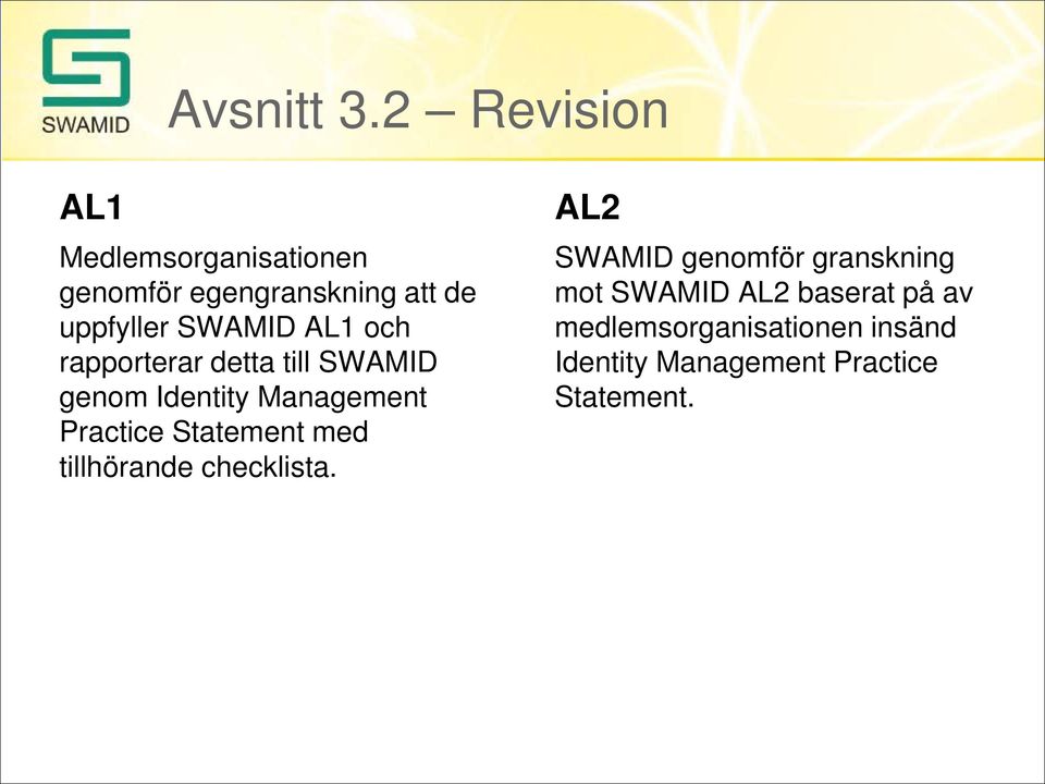 SWAMID och rapporterar detta till SWAMID genom Identity Management Practice