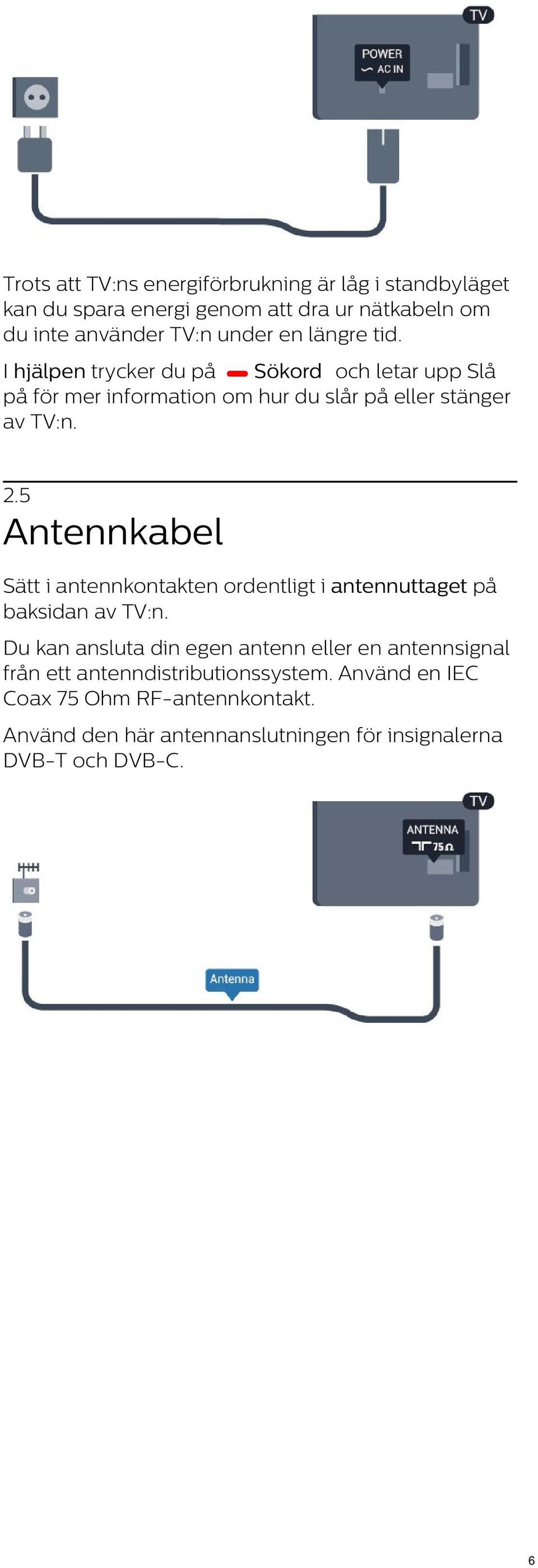 5 Antennkabel Sätt i antennkontakten ordentligt i antennuttaget på baksidan av TV:n.