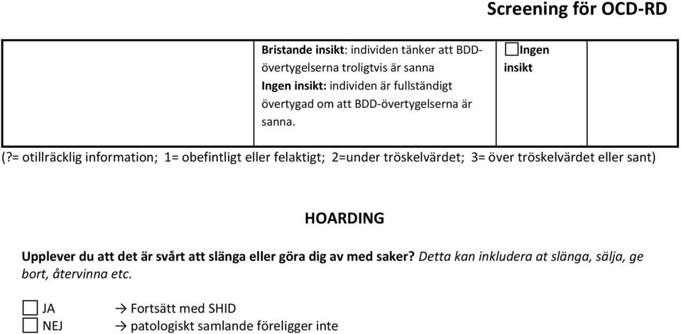 = otillräcklig information; 1= obefintligt eller felaktigt; 2=under tröskelvärdet; 3= över tröskelvärdet eller sant)