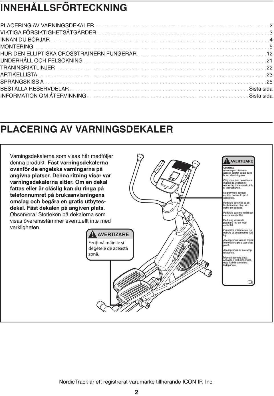 .......................................... 12 UNDERHÅLL OCH FELSÖKNING............................................................. 21 TRÄNINSRIKTLINJER...................................................................... 22 ARTIKELLISTA.