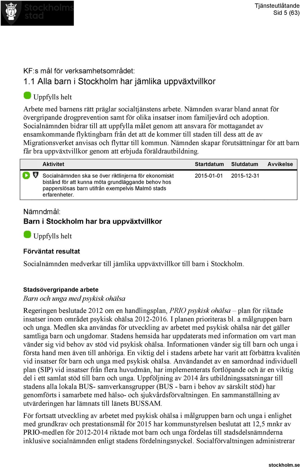 Socialnämnden bidrar till att uppfylla målet genom att ansvara för mottagandet av ensamkommande flyktingbarn från det att de kommer till staden till dess att de av Migrationsverket anvisas och