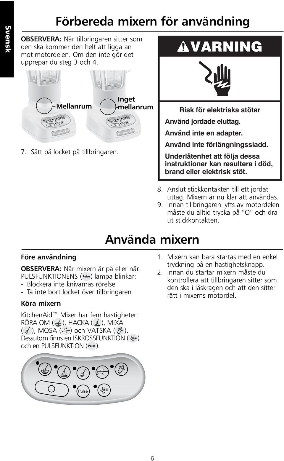 Underlåtenhet att följa dessa instruktioner kan resultera i död, brand eller elektrisk stöt. Använda mixern 8. Anslut stickkontakten till ett jordat uttag. Mixern är nu klar att användas. 9.