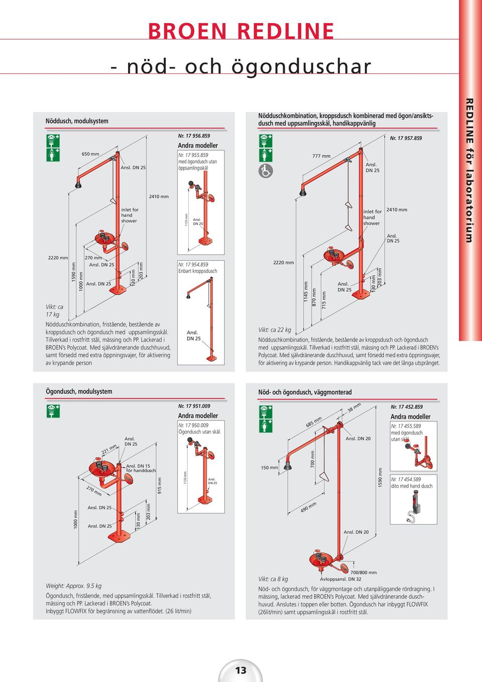 859 REDLINE för laboratorium Vikt: ca 17 kg Nödduschkombination, fristående, bestående av kroppsdusch och ögondusch med uppsamlingsskål. Tillverkad i rostfritt stål, mässing och PP.
