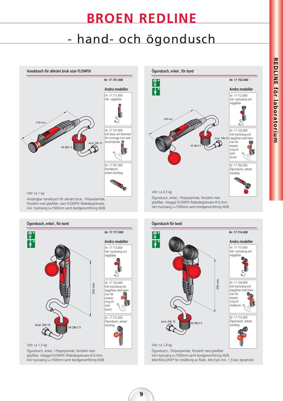 tryckslang och väggfäste med klammer för anpassning till nöddusch. REDLINE för laboratorium Nr. 17 701.500 Handdusch, enbart handtag Nr. 17 702.
