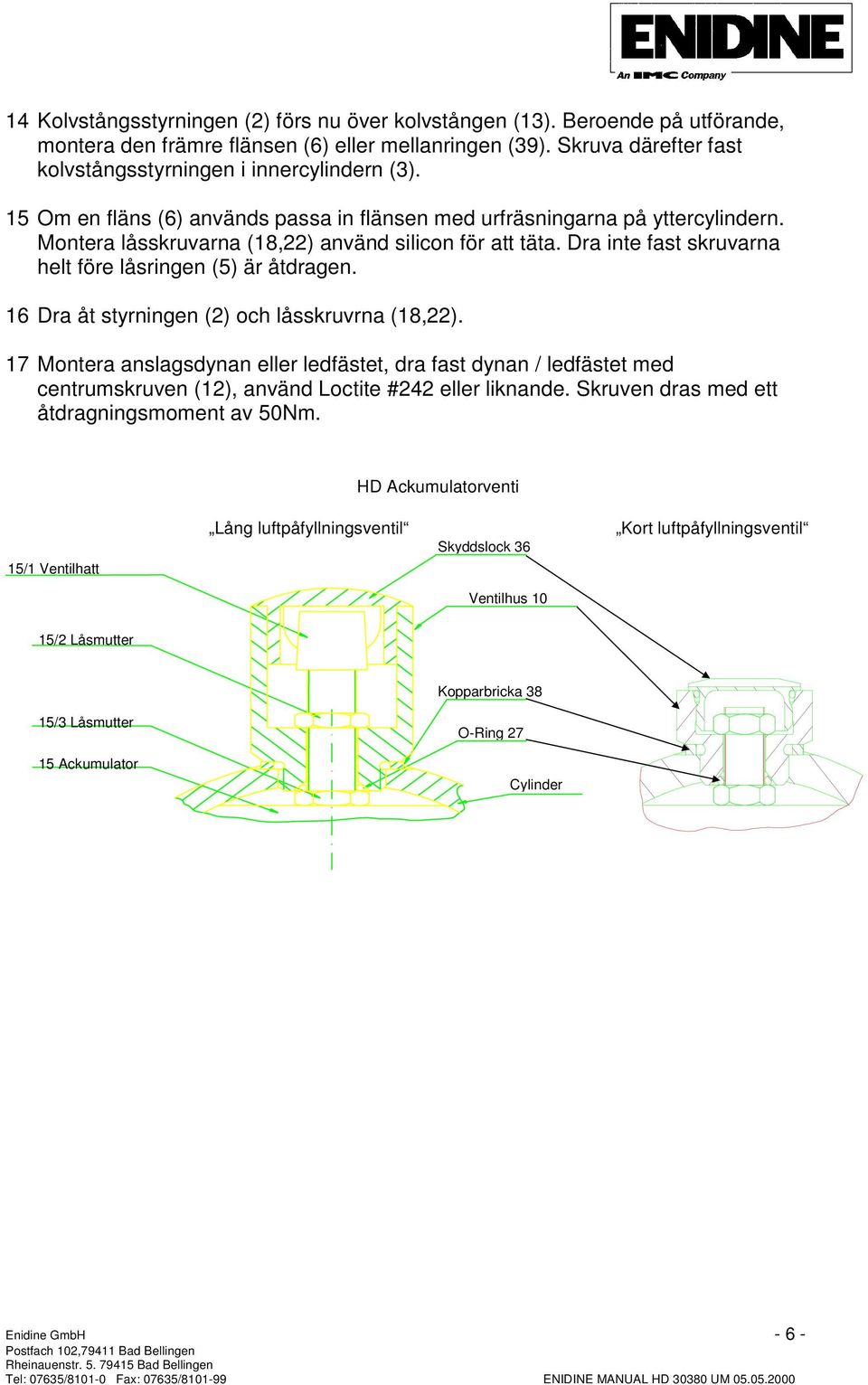 ra åt styrningen () och låsskruvrna (,). Montera anslagsdynan eller ledfästet, dra fast dynan / ledfästet med centrumskruven (), använd Loctite # eller liknande.