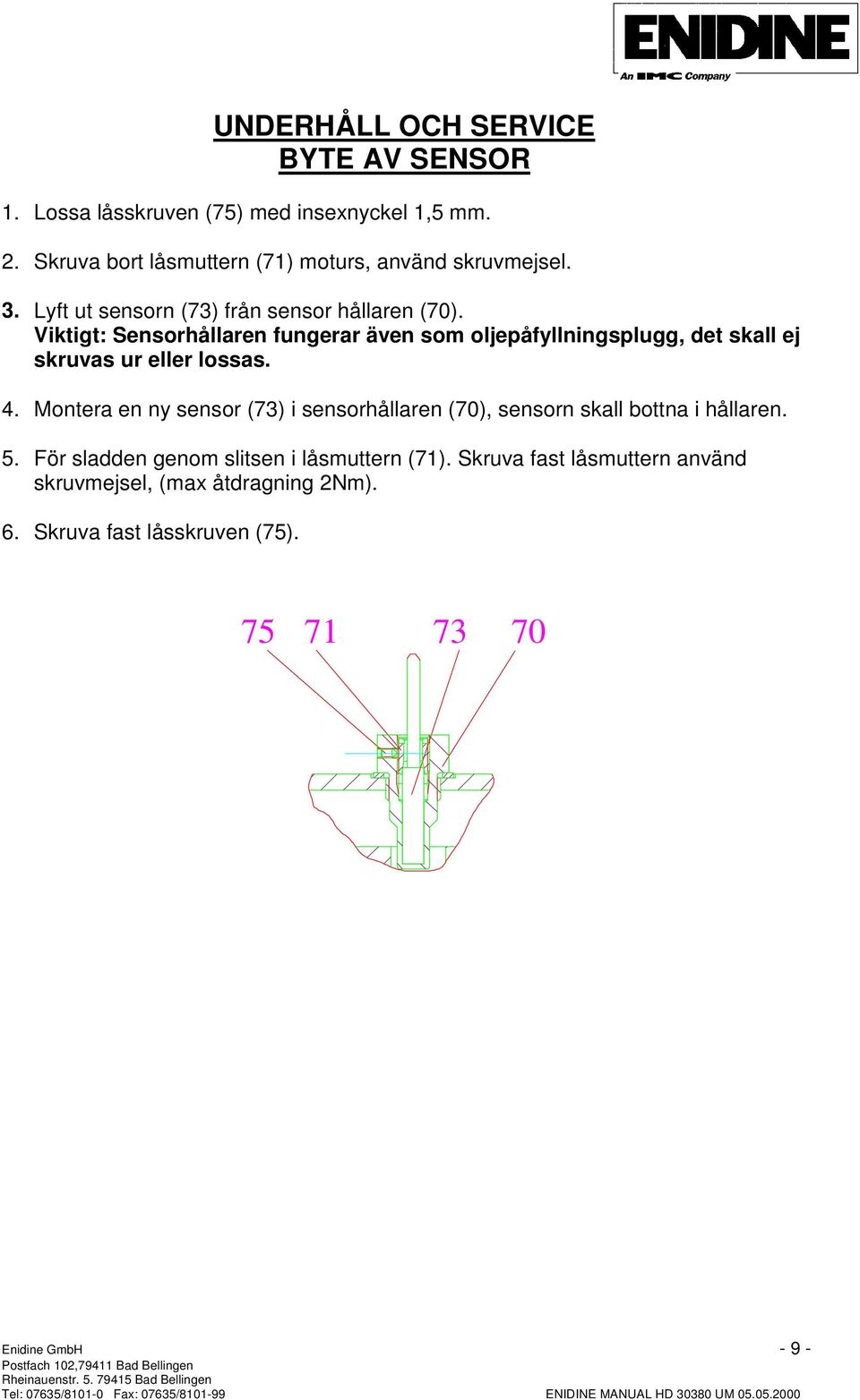 . Montera en ny sensor (3) i sensorhållaren (0), sensorn skall bottna i hållaren.. ör sladden genom slitsen i låsmuttern ().