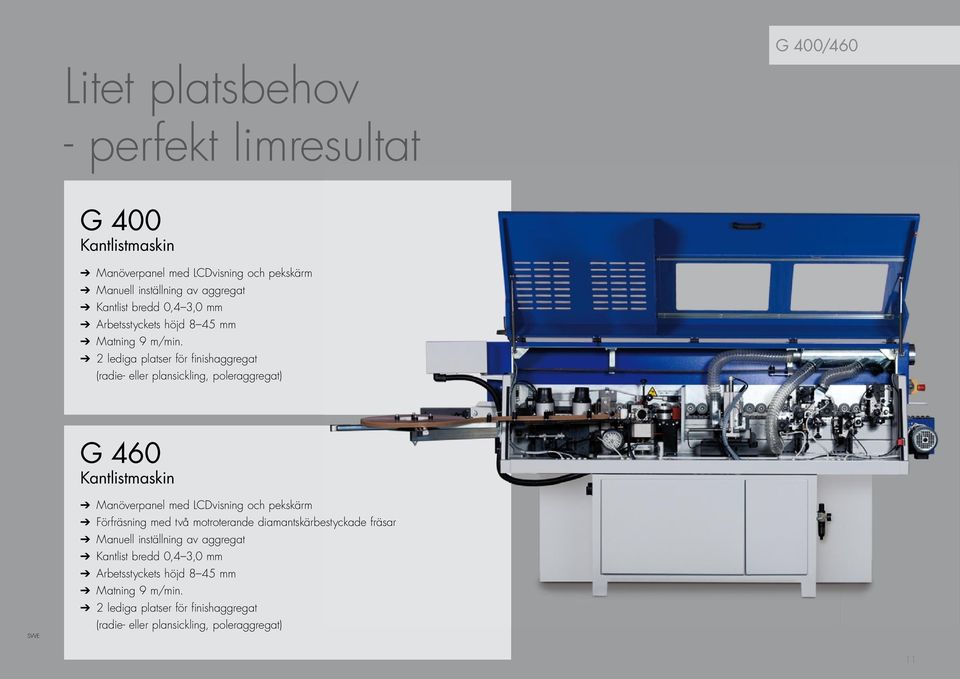 2 lediga platser för finishaggregat (radie- eller plansickling, poleraggregat) G 460 Kantlistmaskin Manöverpanel med LCDvisning och pekskärm