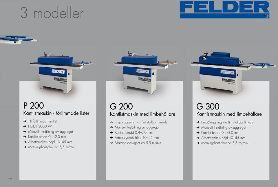 G 200 Kantlistmaskin med limbehållare Limpåläggning via fint ställbar limvals Manuell inställning av aggregat Kantlist bredd 0,4 2,0 mm  G 300