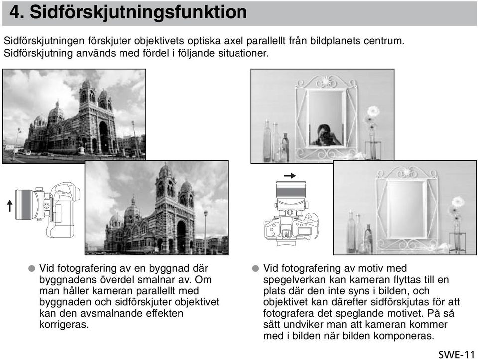 Om man håller kameran parallellt med byggnaden och sidförskjuter objektivet kan den avsmalnande effekten korrigeras.