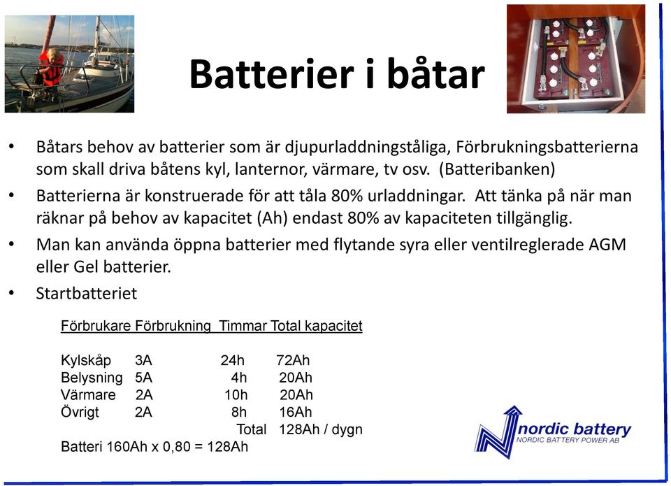 Att tänka på när man räknar på behov av kapacitet (Ah) endast 80% av kapaciteten tillgänglig.