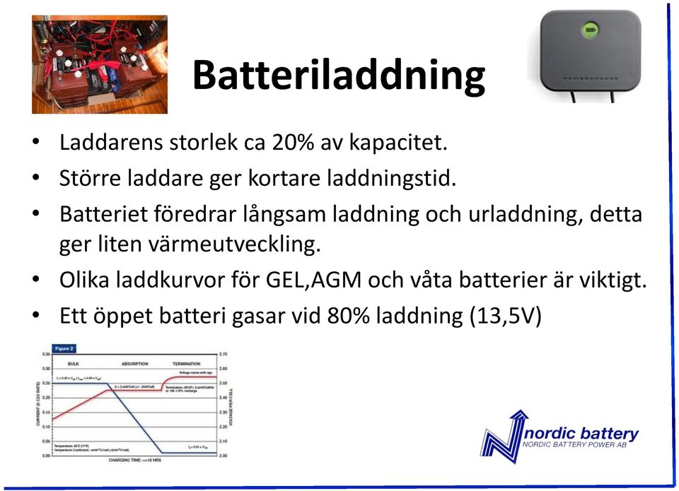 Batteriet föredrar långsam laddning och urladdning, detta ger liten