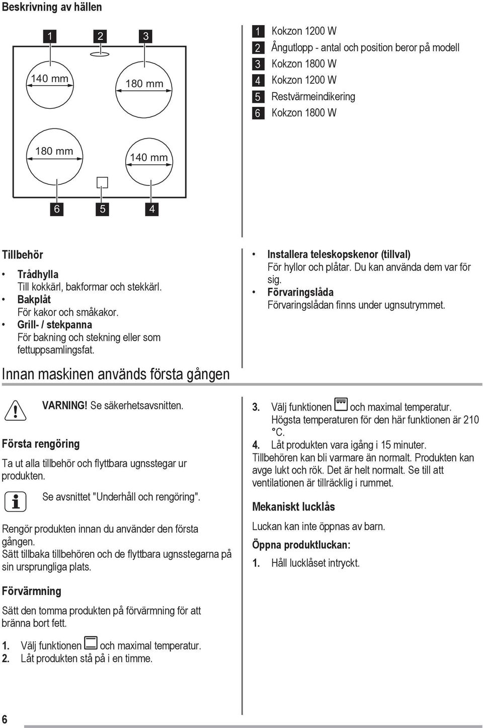 Innan maskinen används första gången Första rengöring VARNING! Se säkerhetsavsnitten. Ta ut alla tillbehör och flyttbara ugnsstegar ur produkten. Se avsnittet "Underhåll och rengöring".