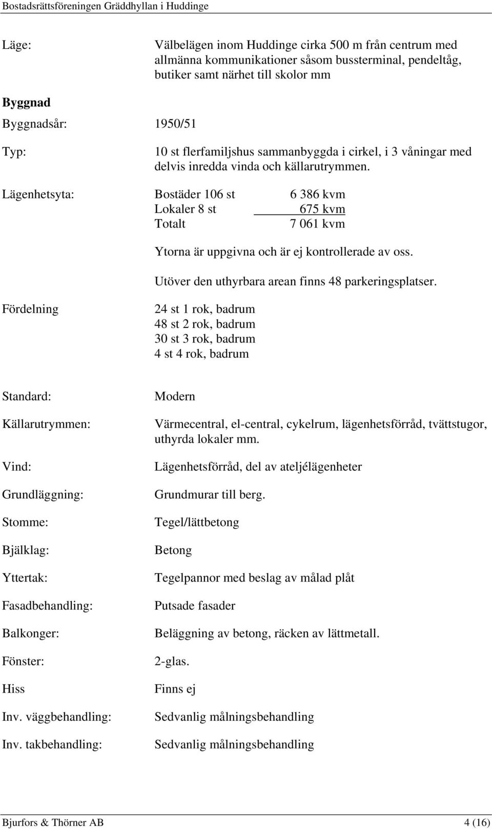 Lägenhetsyta: Bostäder 106 st 6 386 kvm Lokaler 8 st 675 kvm Totalt 7 061 kvm Ytorna är uppgivna och är ej kontrollerade av oss. Utöver den uthyrbara arean finns 48 parkeringsplatser.