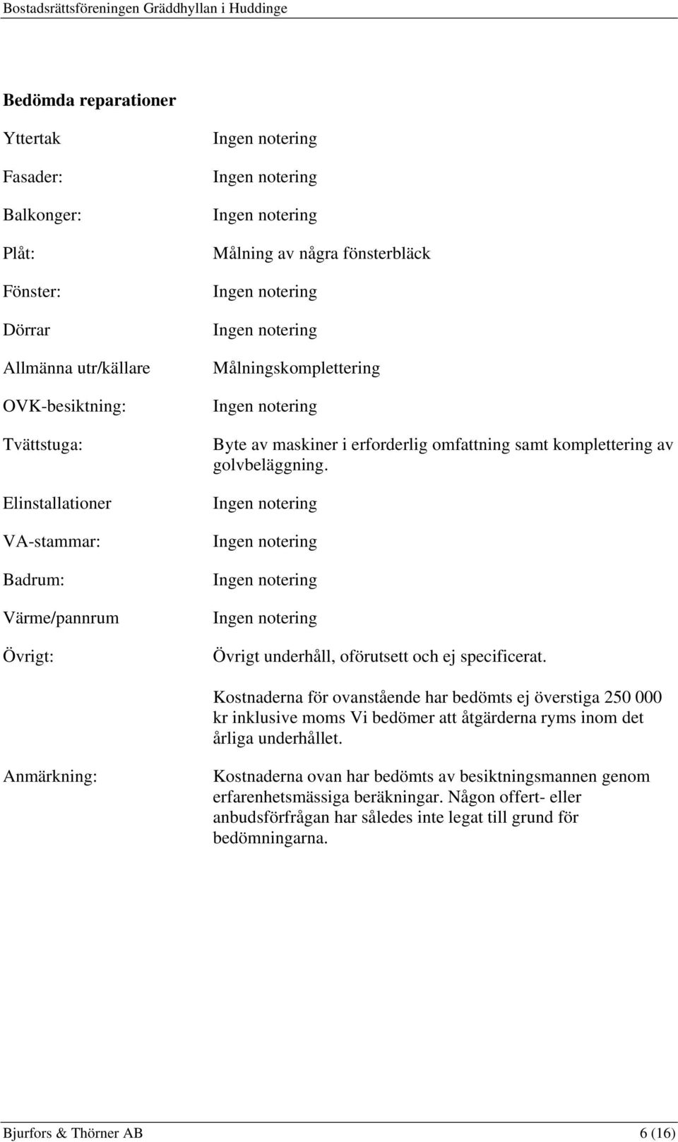 Övrigt underhåll, oförutsett och ej specificerat.