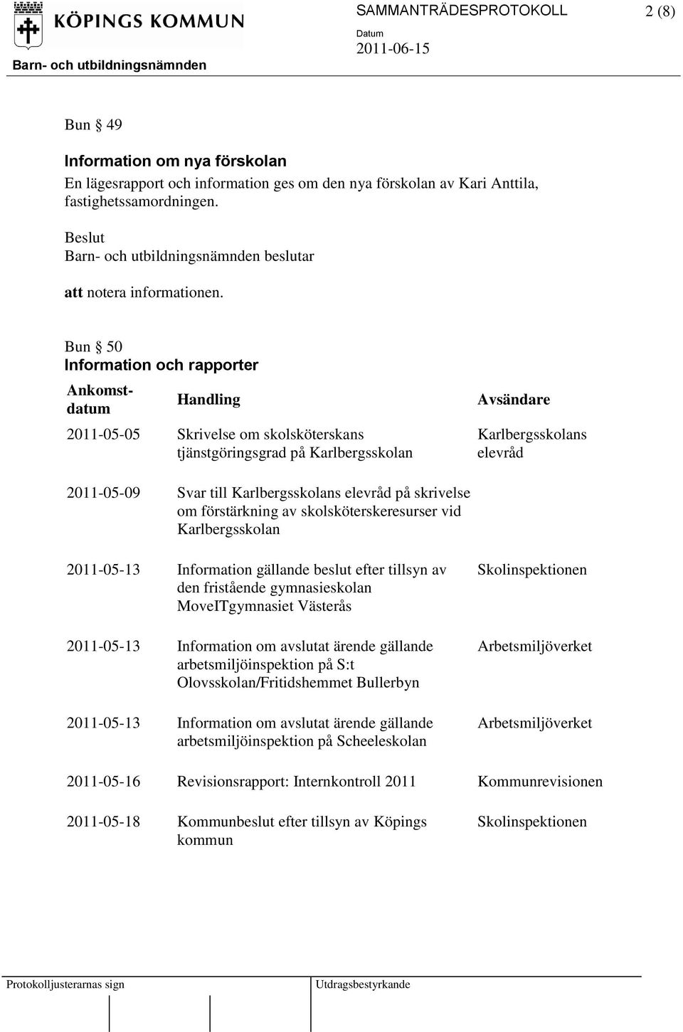 Karlbergsskolans elevråd på skrivelse om förstärkning av skolsköterskeresurser vid Karlbergsskolan 2011-05-13 Information gällande beslut efter tillsyn av den fristående gymnasieskolan