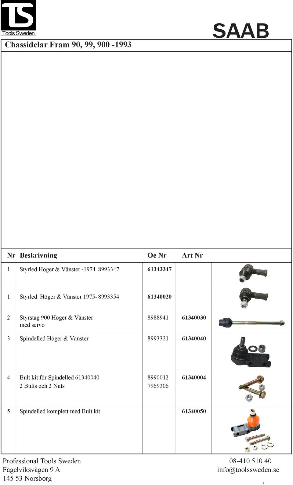 61340030 med servo 3 Spindelled Höger & Vänster 8993321 61340040 4 Bult kit för