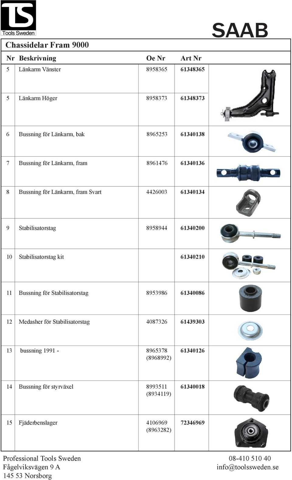 10 Stabilisatorstag kit 61340210 11 Bussning för Stabilisatorstag 8953986 61340086 12 Medasher för Stabilisatorstag 4087326 61439303 13