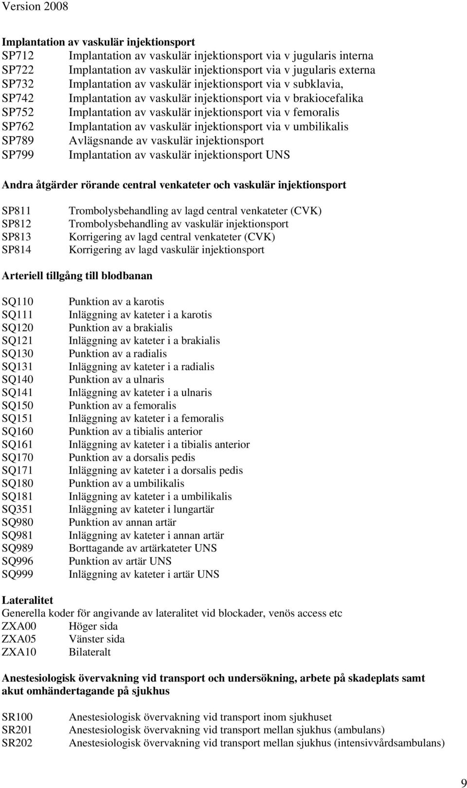 vaskulär injektionsport via v umbilikalis SP789 Avlägsnande av vaskulär injektionsport SP799 Implantation av vaskulär injektionsport UNS Andra åtgärder rörande central venkateter och vaskulär