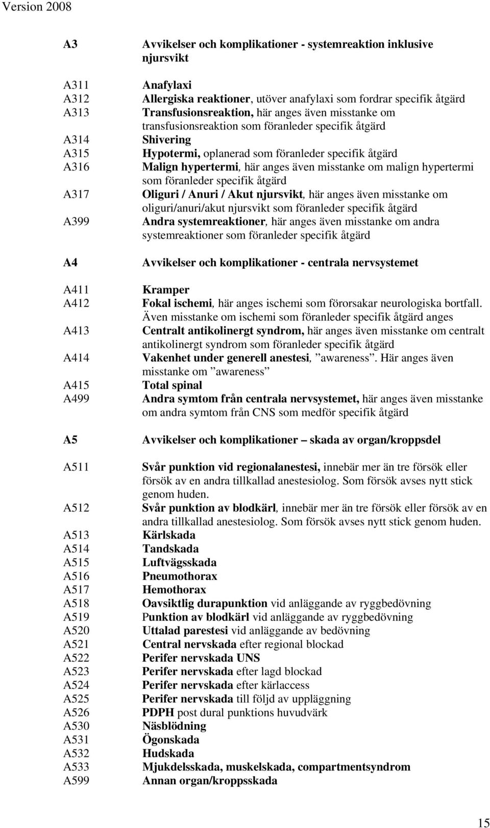 transfusionsreaktion som föranleder specifik åtgärd Shivering Hypotermi, oplanerad som föranleder specifik åtgärd Malign hypertermi, här anges även misstanke om malign hypertermi som föranleder