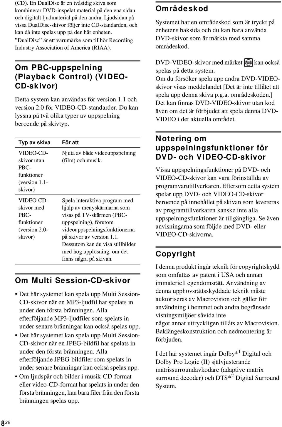 Om PBC-uppspelning (Playback Control) (VIDEO- CD-skivor) Detta system kan användas för version 1.1 och version 2.0 för VIDEO-CD-standarder.