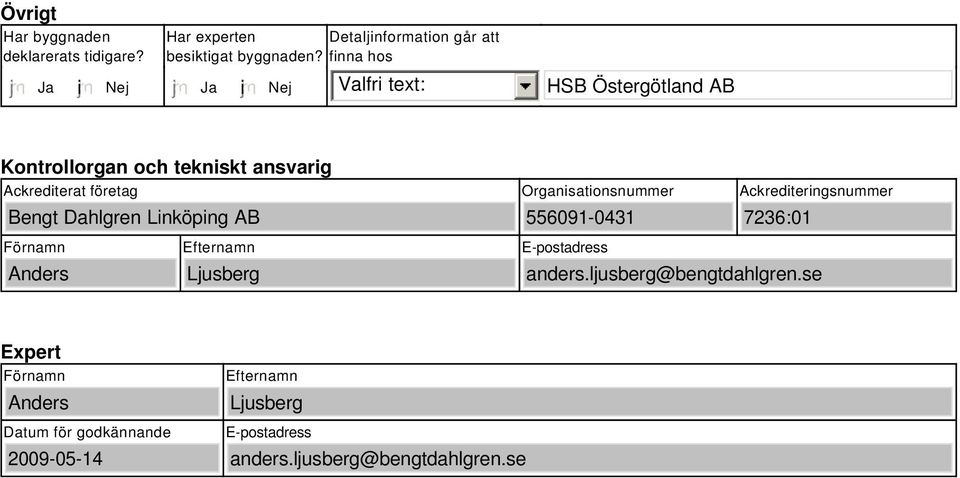 Linköping AB Organisationsnummer 55691-431 Ackrediteringsnummer 7236:1 Förnamn Anders Efternamn Ljusberg E-postadress anders.