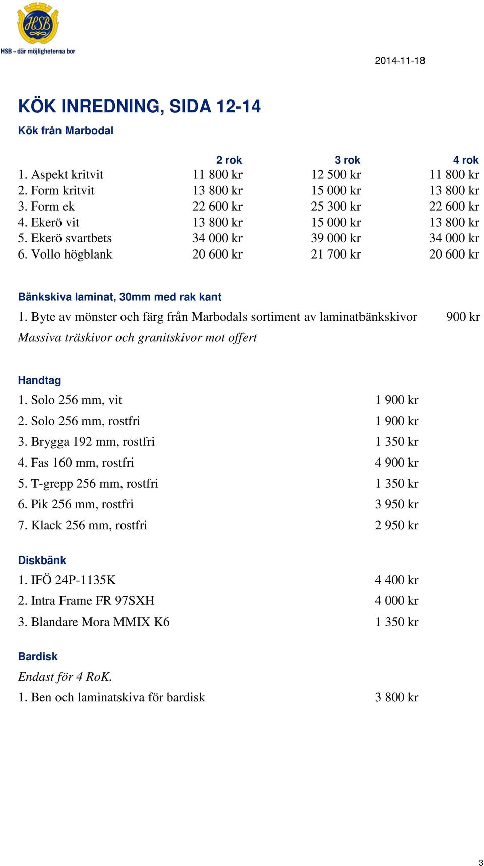 Byte av mönster och färg från Marbodals sortiment av laminatbänkskivor 900 kr Massiva träskivor och granitskivor mot offert Handtag 1. Solo 256 mm, vit 1 900 kr 2. Solo 256 mm, rostfri 1 900 kr 3.