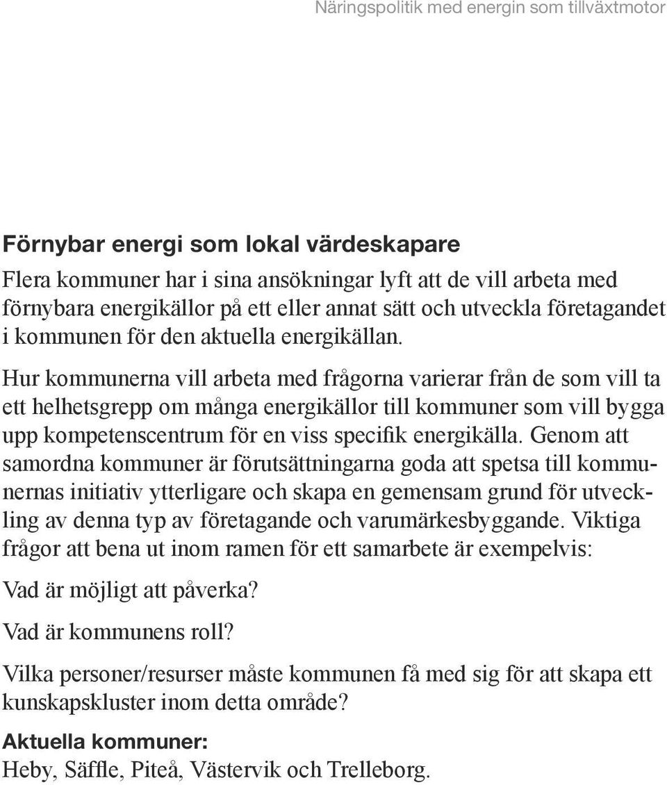 Hur kommunerna vill arbeta med frågorna varierar från de som vill ta ett helhetsgrepp om många energikällor till kommuner som vill bygga upp kompetenscentrum för en viss specifik energikälla.