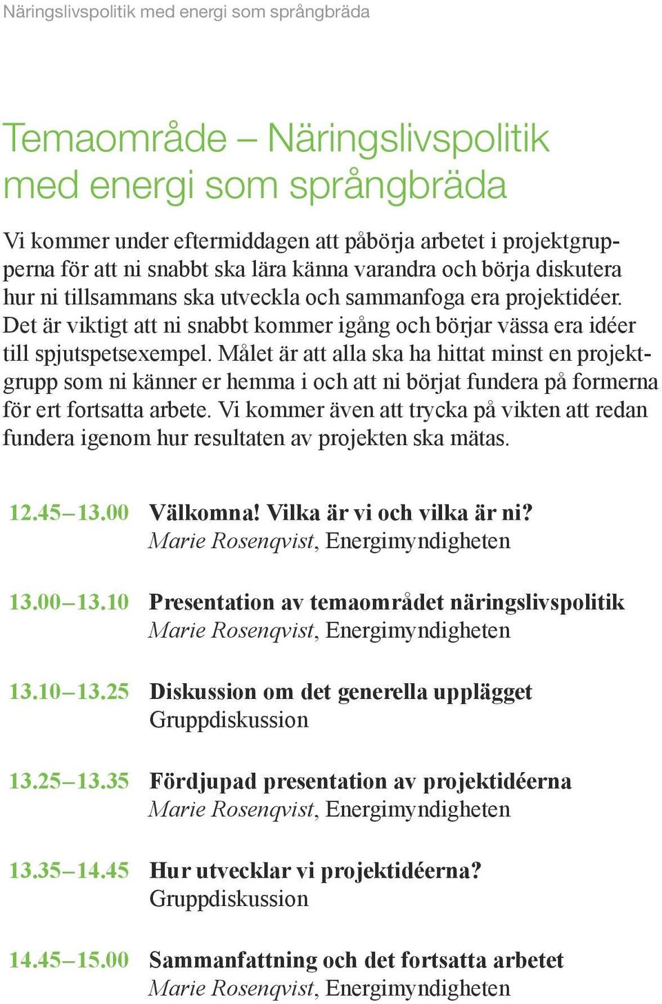 Målet är att alla ska ha hittat minst en projektgrupp som ni känner er hemma i och att ni börjat fundera på formerna för ert fortsatta arbete.